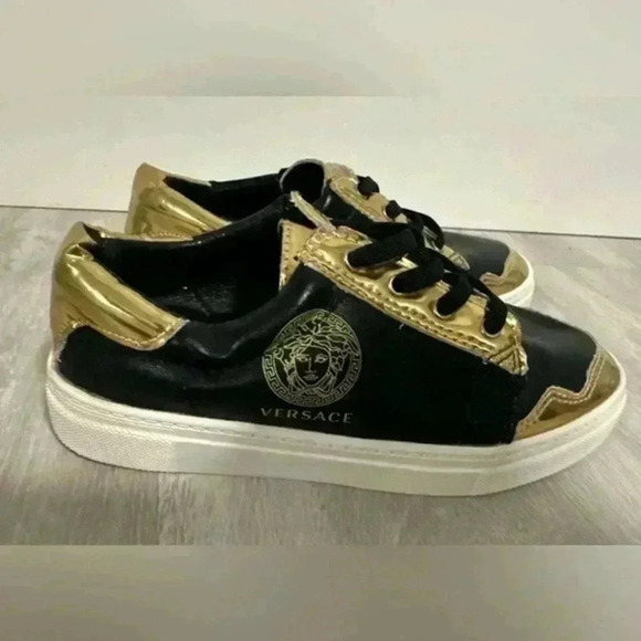 Versace boys‎ Sneakers Rubber Shoes Slip On Leather black/gold Casual Shoes sz 1 - Picture 7 of 8